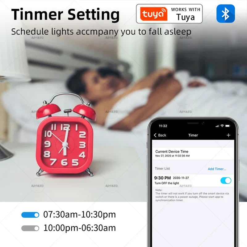 Red vintage-style alarm clock with two bells displayed alongside tuya bluetooth led bulb lamps dimmable with group control features