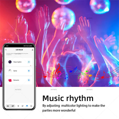 Smartphone showing Tuya bluetooth led bulb lamps dimmable app with music rhythm and group control in vibrant party lights