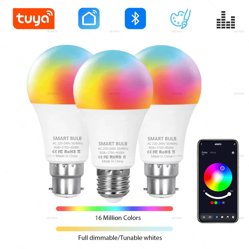 Three tuya bluetooth led bulb lamps dimmable with colorful rainbow-tinted glass and metallic screw bases for group control