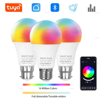 Three tuya bluetooth led bulb lamps dimmable with colorful rainbow-tinted glass and metallic screw bases for group control