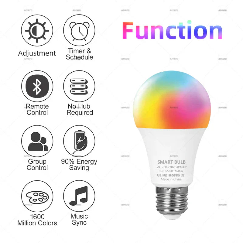 A white tuya bluetooth led smart bulb lamp dimmable with metallic base and colorful glow for group control use