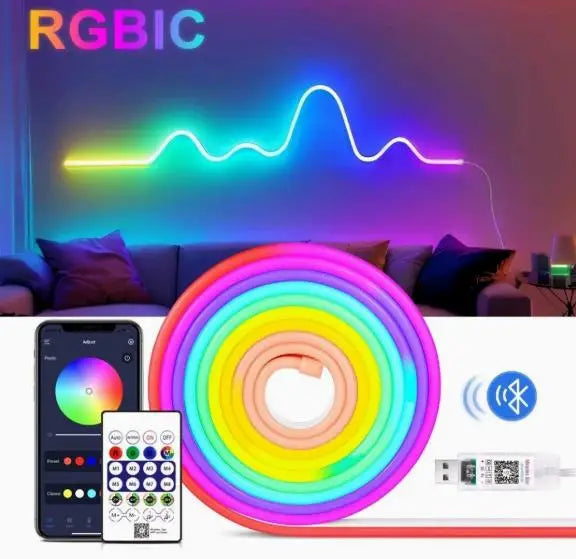 Rgbic tuya neon led 84leds m silicone flexible neon strip coiled in rainbow with music sync rgbic and bluetooth control