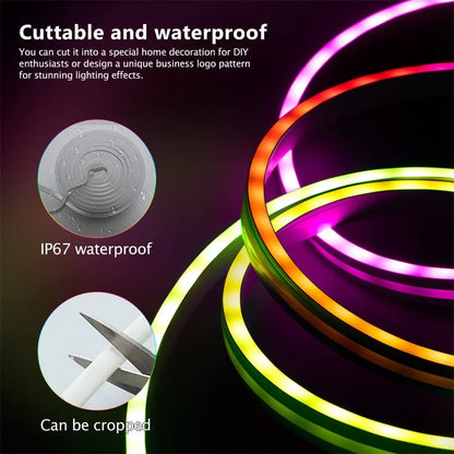 Flexible tuya neon led strip light with 84leds m silicone, vibrant rainbow colors, waterproof design, and music sync rgbic feature
