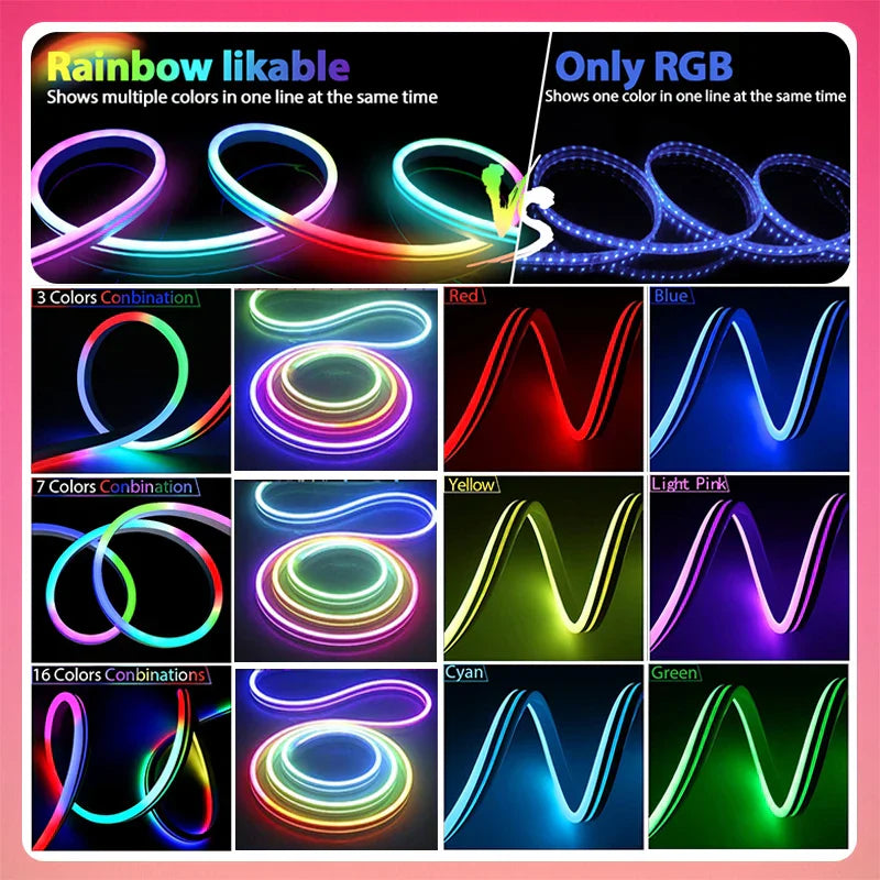 Tuya neon led 12-24v 84leds m silicone strip light with flexible rainbow colors and music sync rgbic illumination