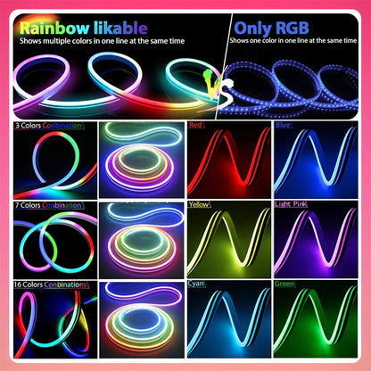 Tuya neon led 12-24v 84leds m silicone strip light with flexible rainbow colors and music sync rgbic illumination