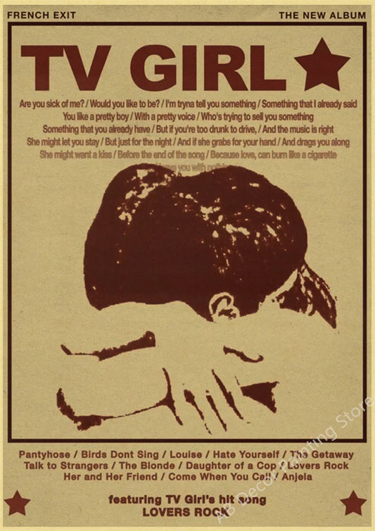Vintage-style tv girl poster on kraft paper featuring black silhouette on beige for home living room decor