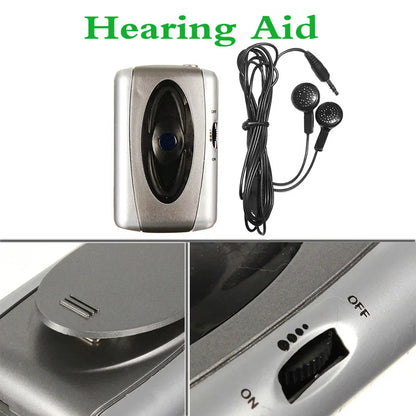 Silver rectangular amplifier device megaphone with black speaker window and matching earbuds for voice microphone theater plays church