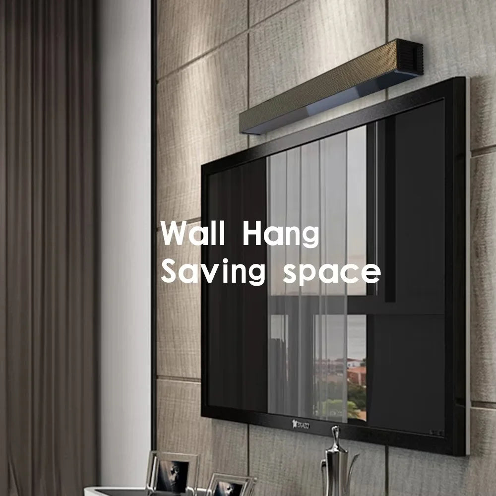 Black-framed wall-mounted television with integrated led lighting and soundbar hifi speaker support optical for home theater use