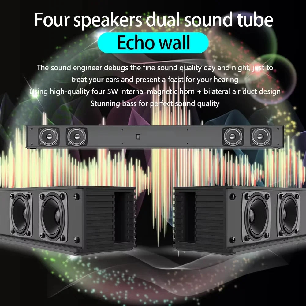 Black rectangular soundbar hifi speaker with four circular speakers and central control button with two matching speaker home theater units supporting optical and hdmi for samsung sony tv