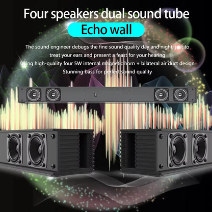 Black rectangular soundbar hifi speaker with four circular speakers and central control button with two matching speaker home theater units supporting optical and hdmi for samsung sony tv