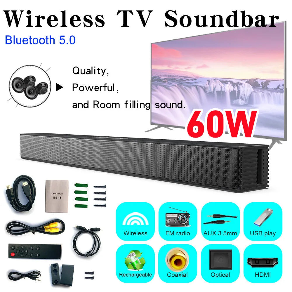 Black wireless soundbar hifi speaker with 60w power bluetooth 5.0 and speaker support optical for home theater use