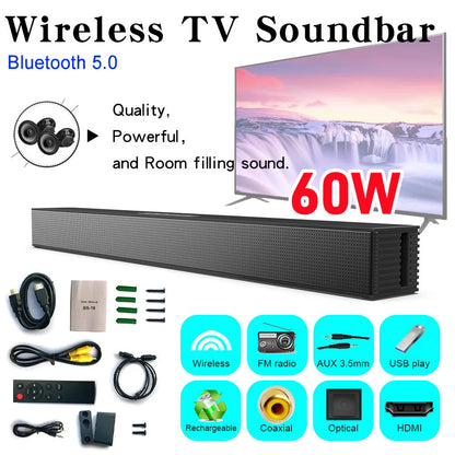 Black wireless soundbar hifi speaker with 60w power bluetooth 5.0 and speaker support optical for home theater use