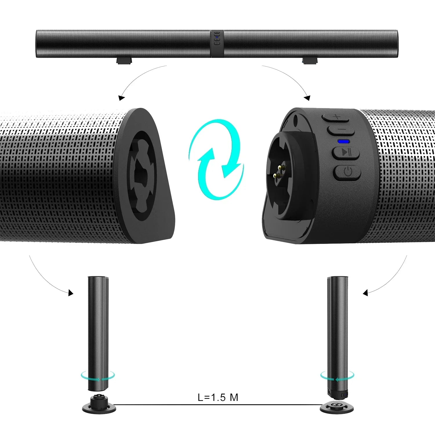 Black cylindrical tv soundbar with perforated grille detachable bluetooth speaker and speaker fm radio column design