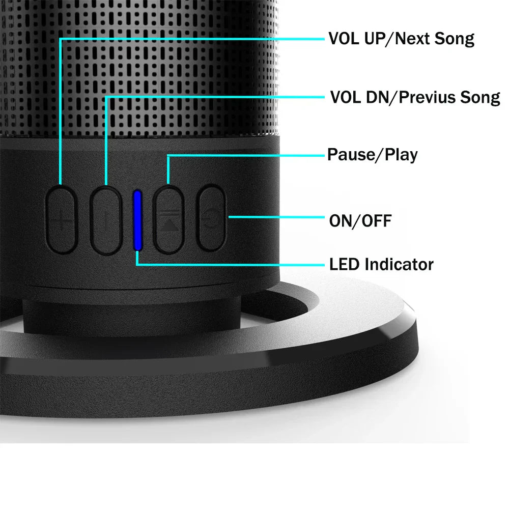 Black cylindrical detachable bluetooth speaker with perforated grille and tactile buttons for speaker fm radio use