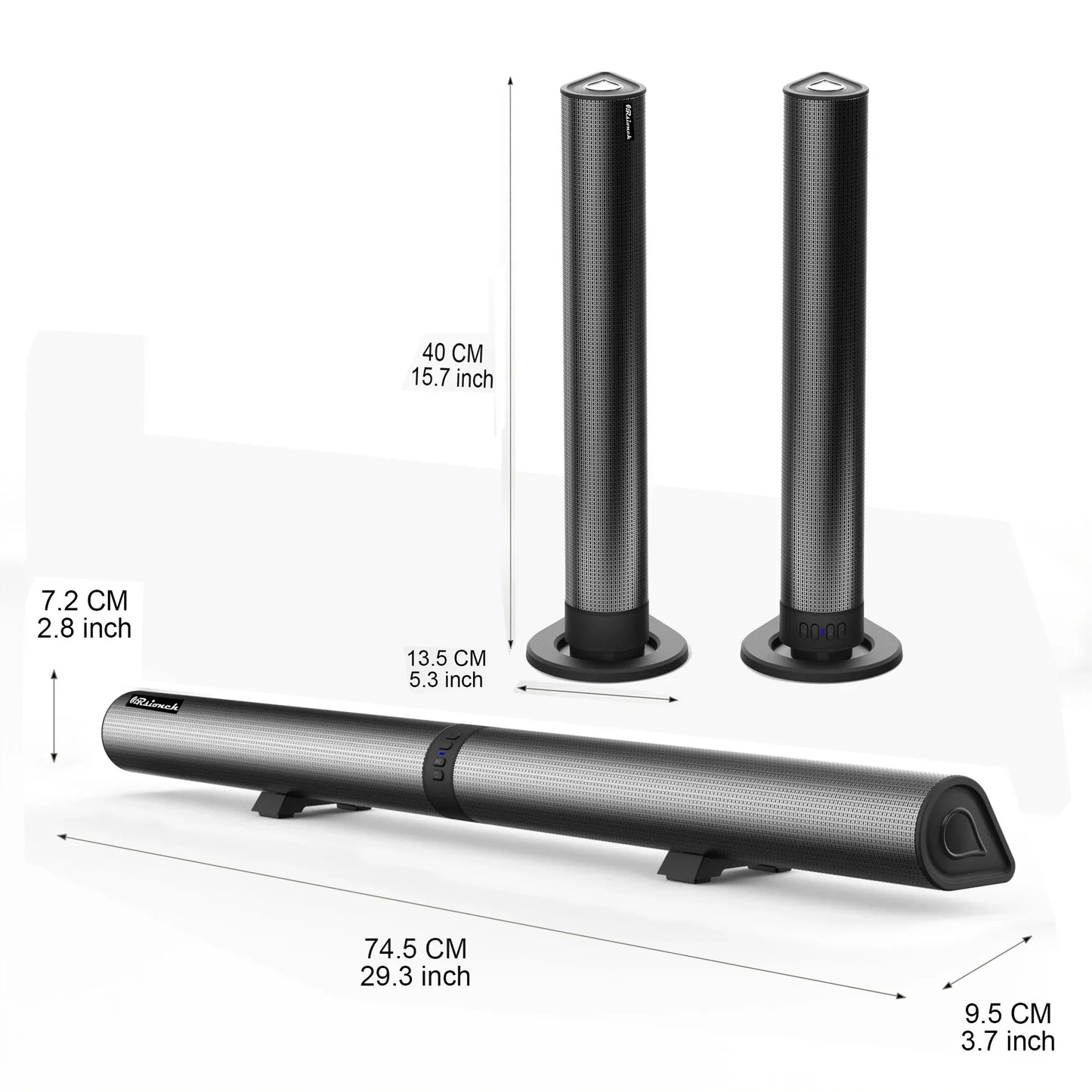 Black detachable bluetooth speaker and speaker fm radio tower with textured surfaces for stereo soundbar use