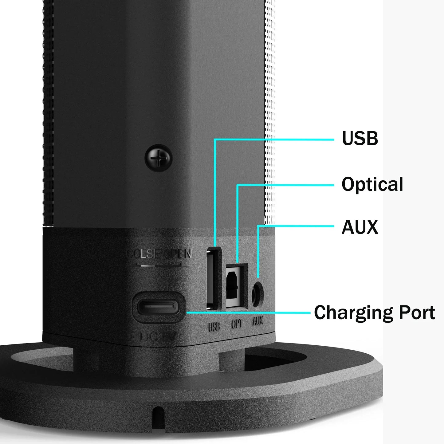 Black cylindrical matte detachable bluetooth speaker fm radio with usb optical aux and charging ports back view