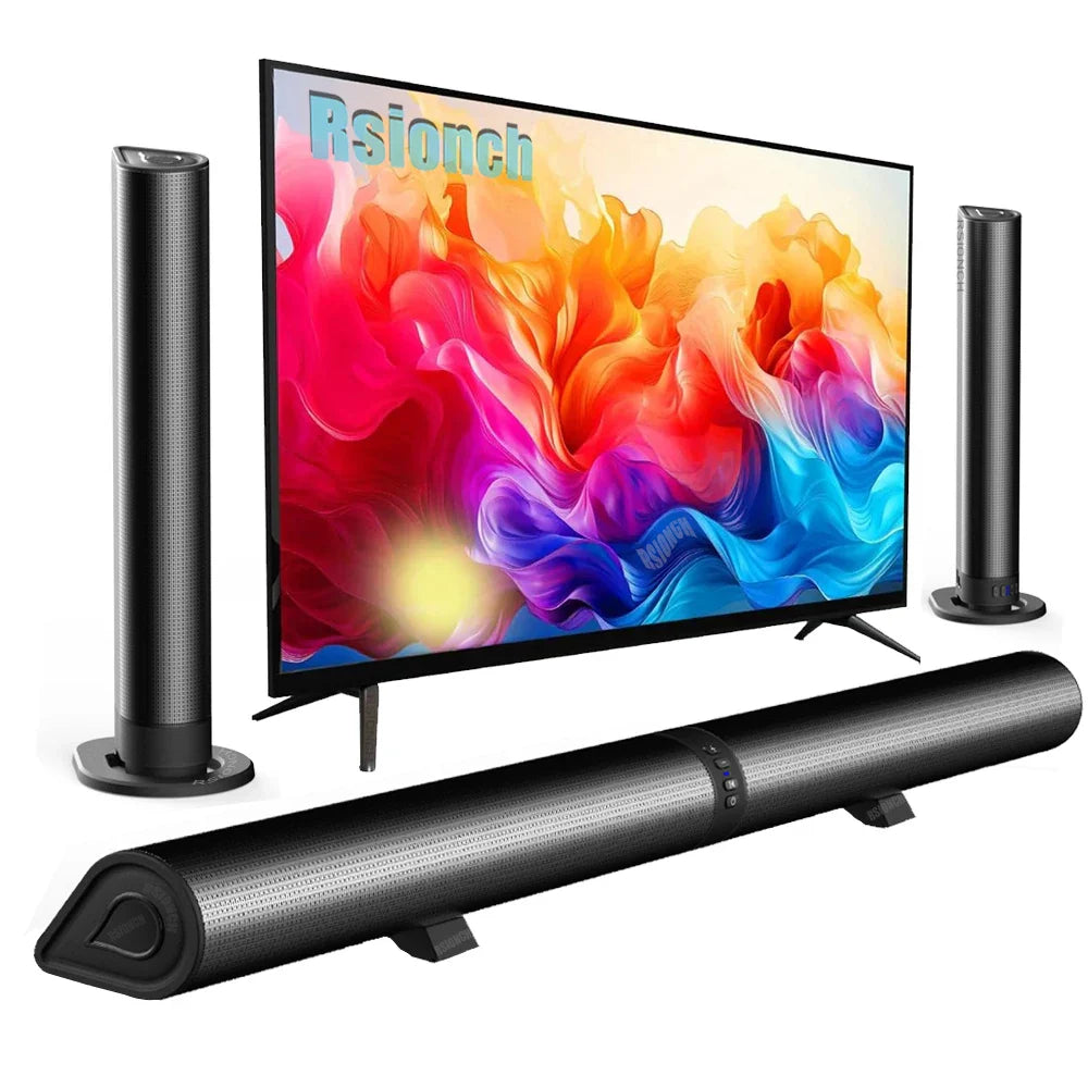 Black rsionch tv soundbar stereo with sleek textured surface detachable bluetooth speaker and speaker fm radio column sound