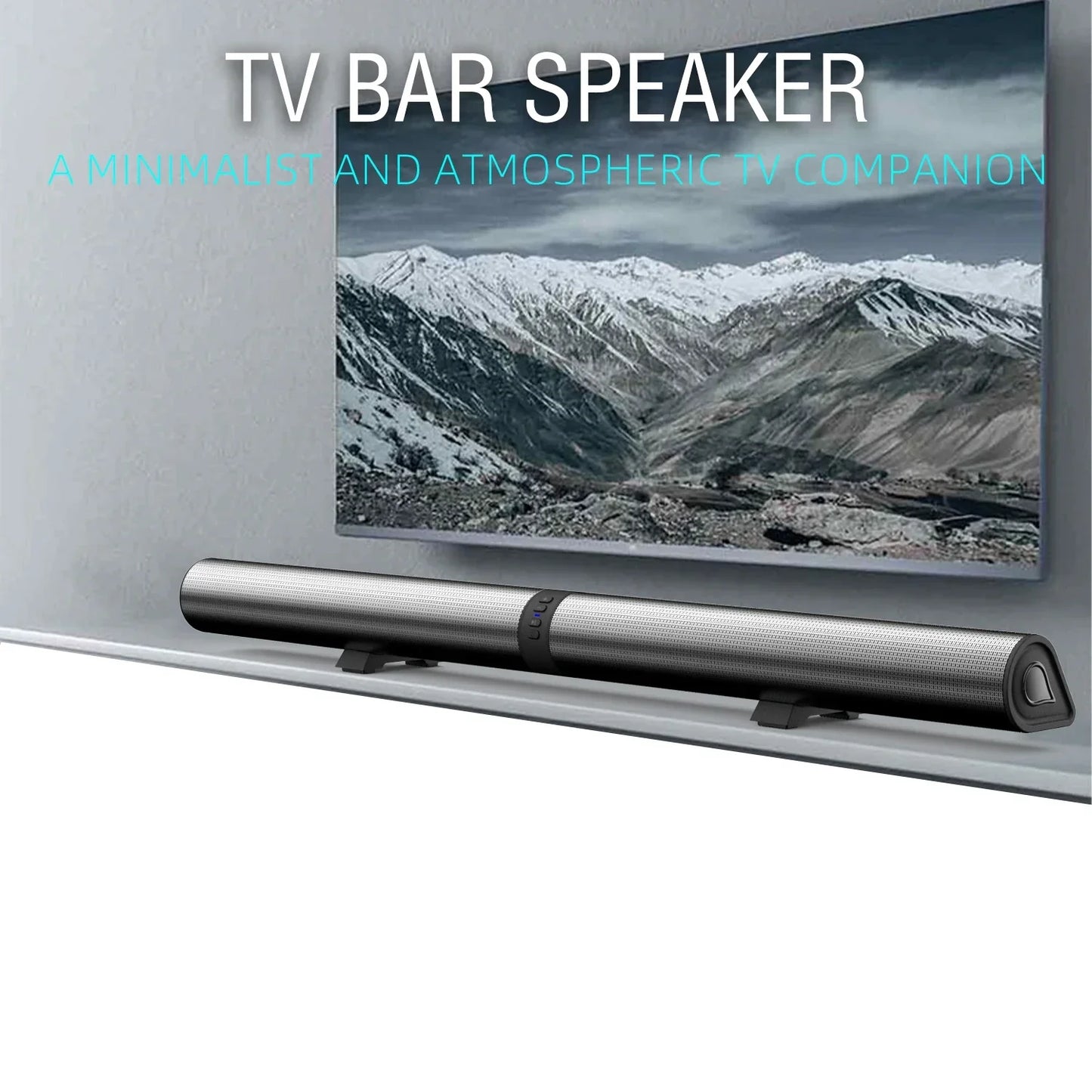 Silver textured tv soundbar with black accents featuring detachable bluetooth speaker and radio column sound design