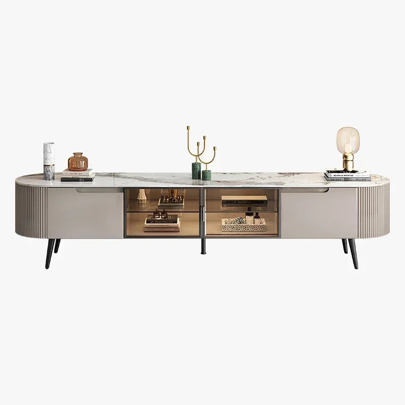 Modern gray marble-top media console with ribbed sides and glass storage for storage decor glamour and cabinet display decorations
