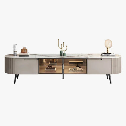 Modern gray marble-top media console with ribbed sides and glass storage for storage decor glamour and cabinet display decorations