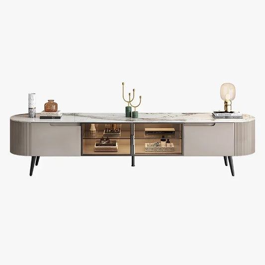 Modern gray marble-top media console with ribbed sides and glass storage for storage decor glamour and cabinet display decorations