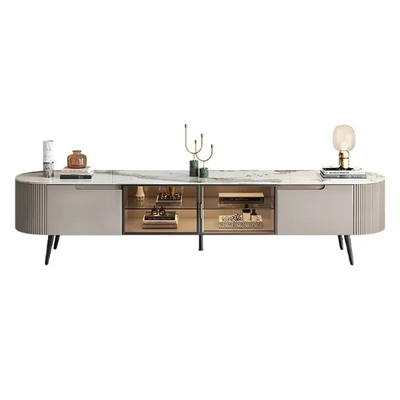 Modern beige media console with marble top and vertical ribbed sides ideal for storage decor glamour and cabinet display decorations