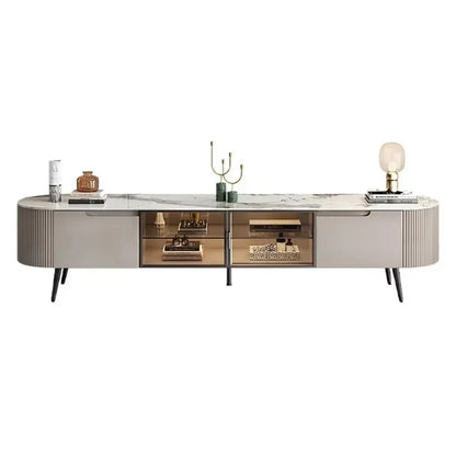 Modern beige media console with marble top and vertical ribbed sides ideal for storage decor glamour and cabinet display decorations