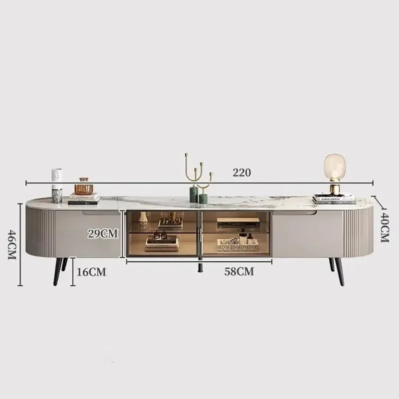 Modern minimalist tv stand with marble top gray sides and black legs designed for storage decor glamour and cabinet display decorations