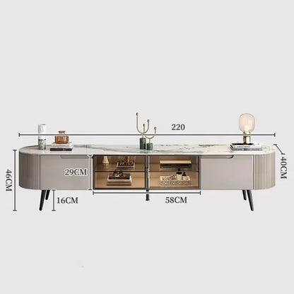 Modern minimalist tv stand with marble top gray sides and black legs designed for storage decor glamour and cabinet display decorations
