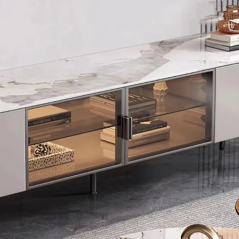 Modern white marble-top media console with glass doors and metal frame for storage decor glamour and cabinet display decorations