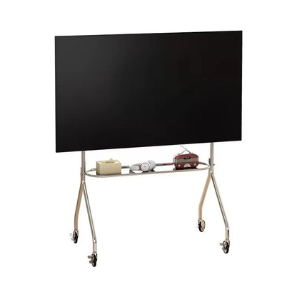 A sleek black flat-screen tv on a floor bracket movable thickened stainless steel stands tv floor with caster wheels