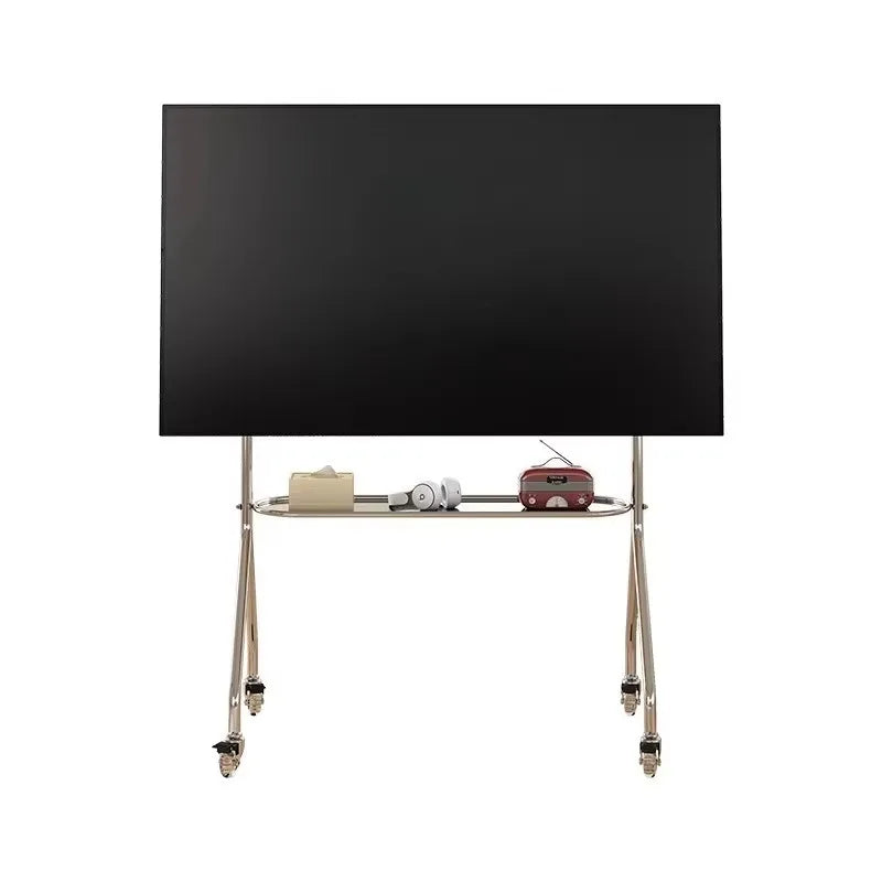 Modern black flat-screen television mounted on thickened stainless steel floor bracket movable stands tv floor with wheels