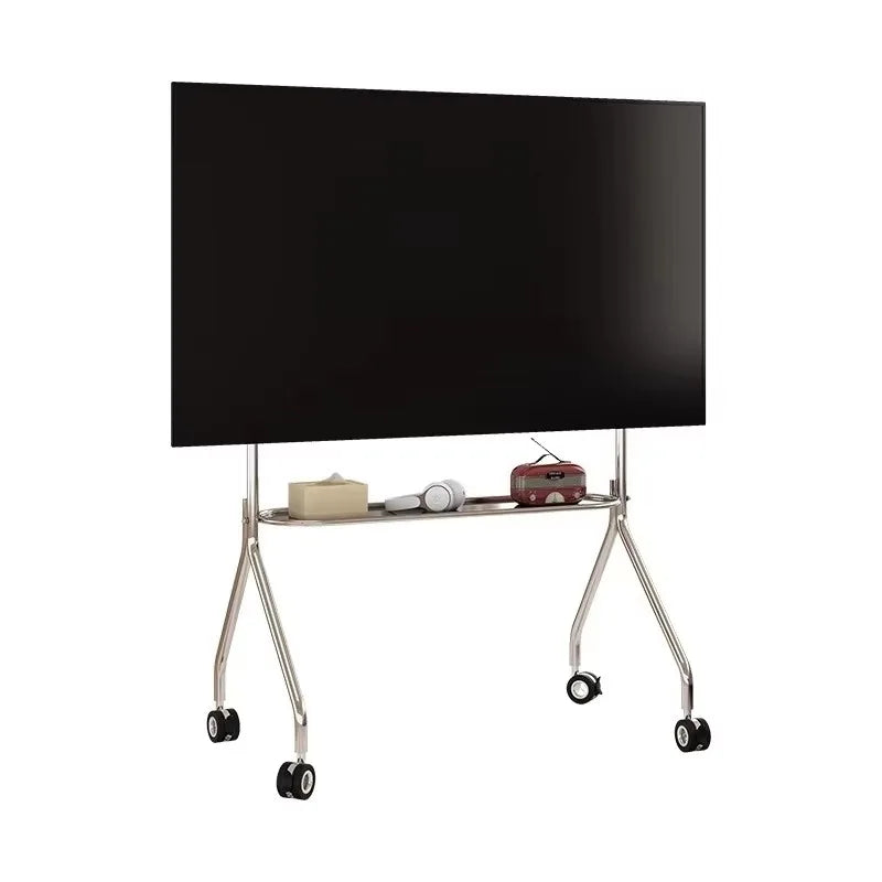 Modern black flat-screen tv mounted on a thickened stainless steel floor bracket movable stand with caster wheels
