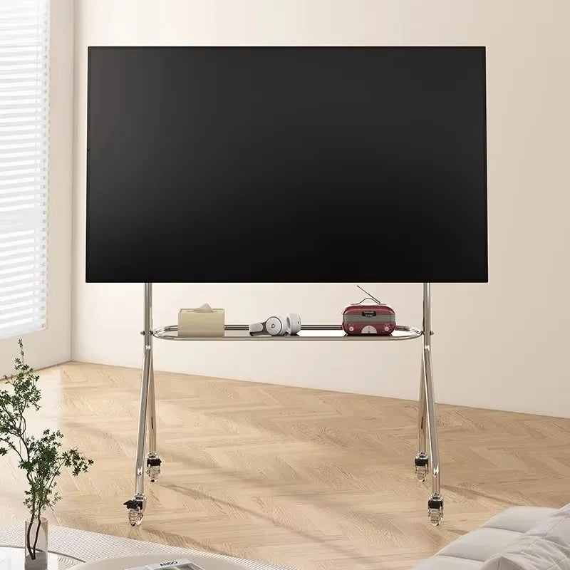 Modern black flat-screen tv on a thickened stainless steel floor bracket movable stand with wheels for living room use