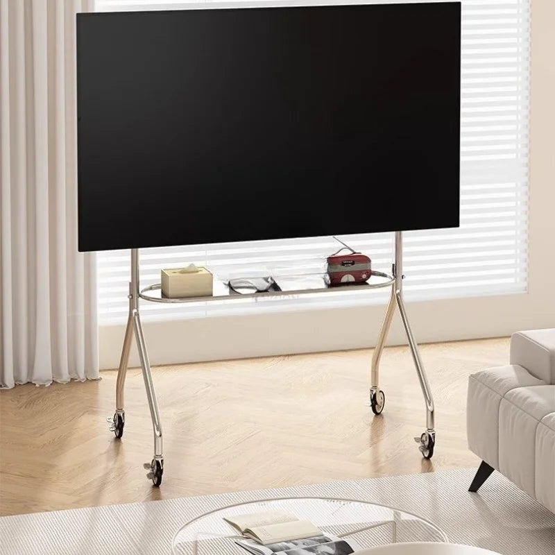 Modern silver thickened stainless steel tv stand with glass shelf and floor bracket movable casters for 32-75 inch tvs