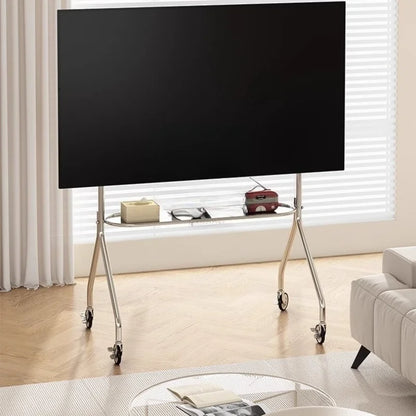 Modern silver thickened stainless steel tv stand with glass shelf and floor bracket movable casters for 32-75 inch tvs