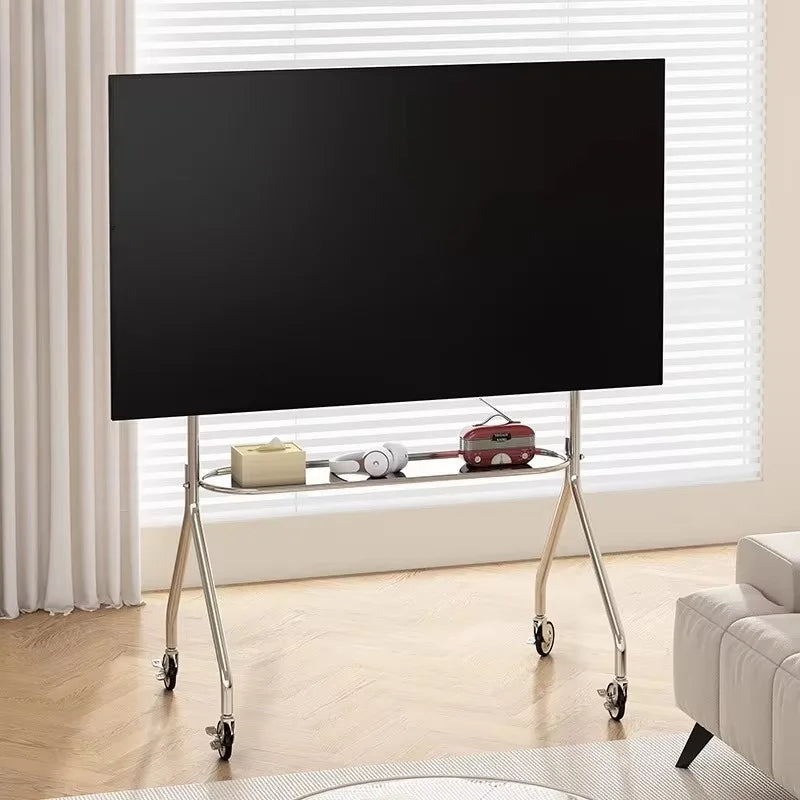 Silver metallic tv stand with thickened stainless steel floor bracket movable design and four caster wheels for easy mobility
