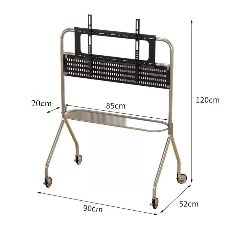Silver metal tv stand with black perforated mounting bracket and four caster wheels thickened stainless steel floor bracket movable