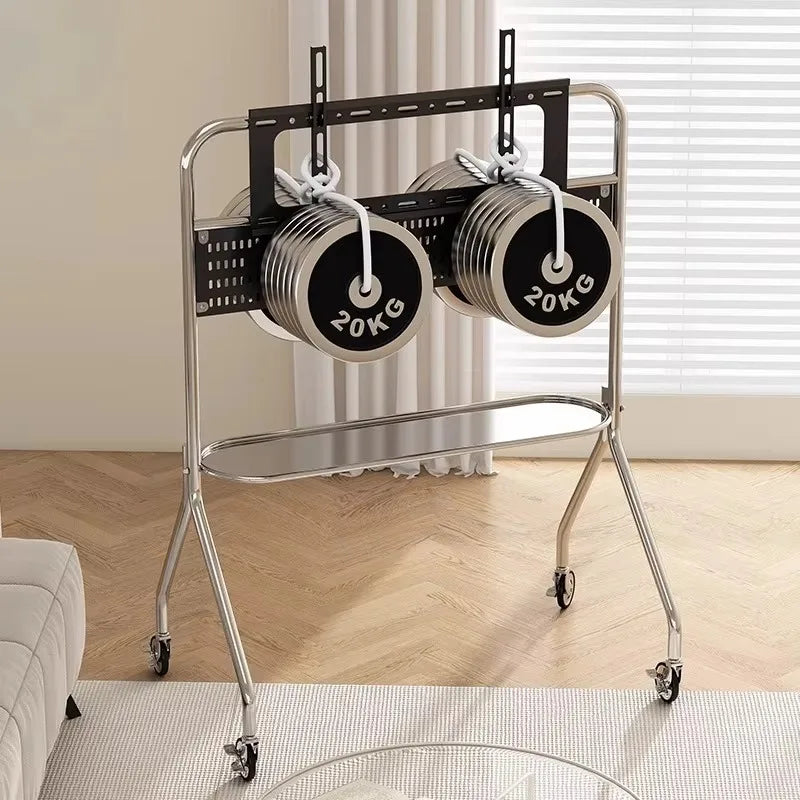 Silver-toned thickened stainless steel floor bracket movable weight storage cart with caster wheels and two 20kg dumbbell plates