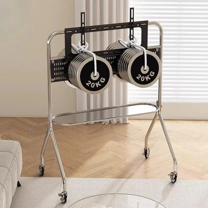 Silver-toned thickened stainless steel floor bracket movable weight storage cart with caster wheels and two 20kg dumbbell plates