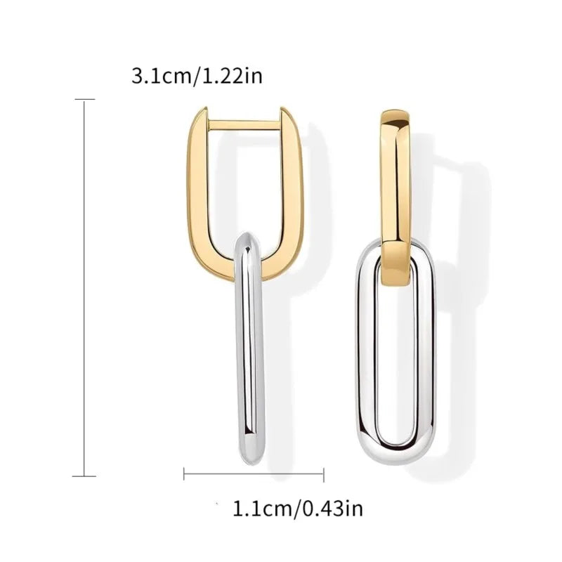 Two tone gold and silver rectangular link drop earrings with a sleek modern design for hip hop punk party jewelry
