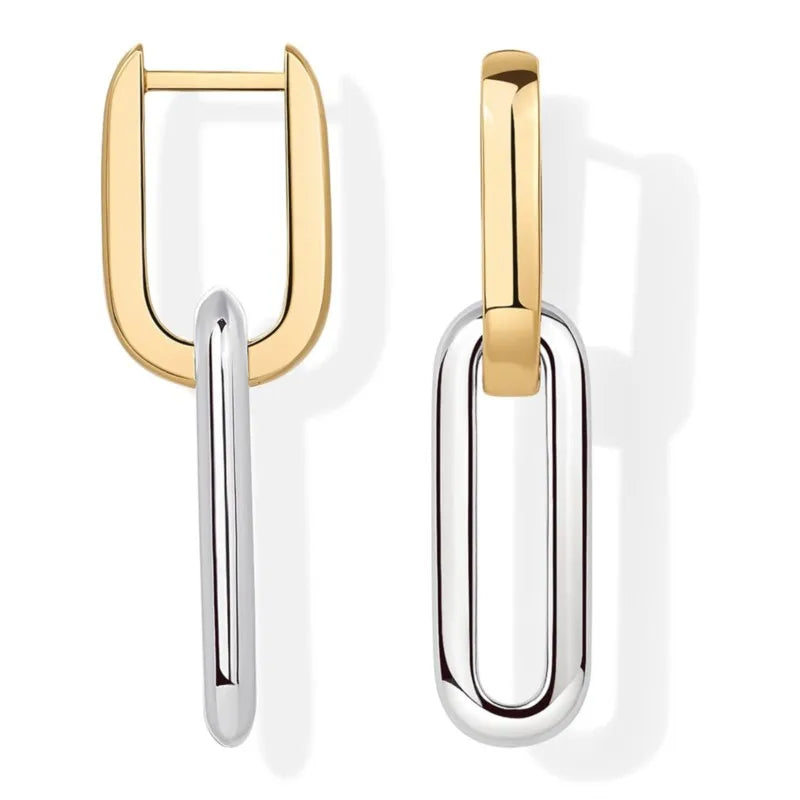 Gold and silver two-tone rectangular link u-shaped hoop earrings with a sleek modern design for party jewelry