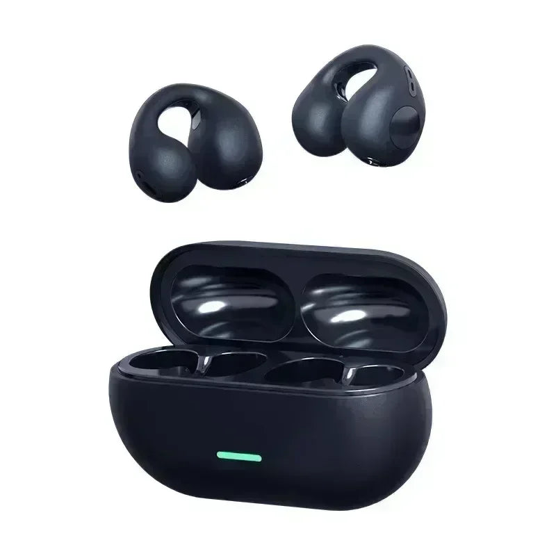 Black wireless air conduction headphones clip in a sleek charging case designed for sports gaming earphone use