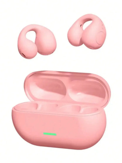 Pink silicone wireless air conduction headphones clip with matte finish and green led for sports gaming earphone use