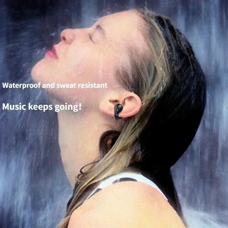 Black wireless air conduction headphones clip worn in ear sports gaming earphone with noise canceling and hd call features