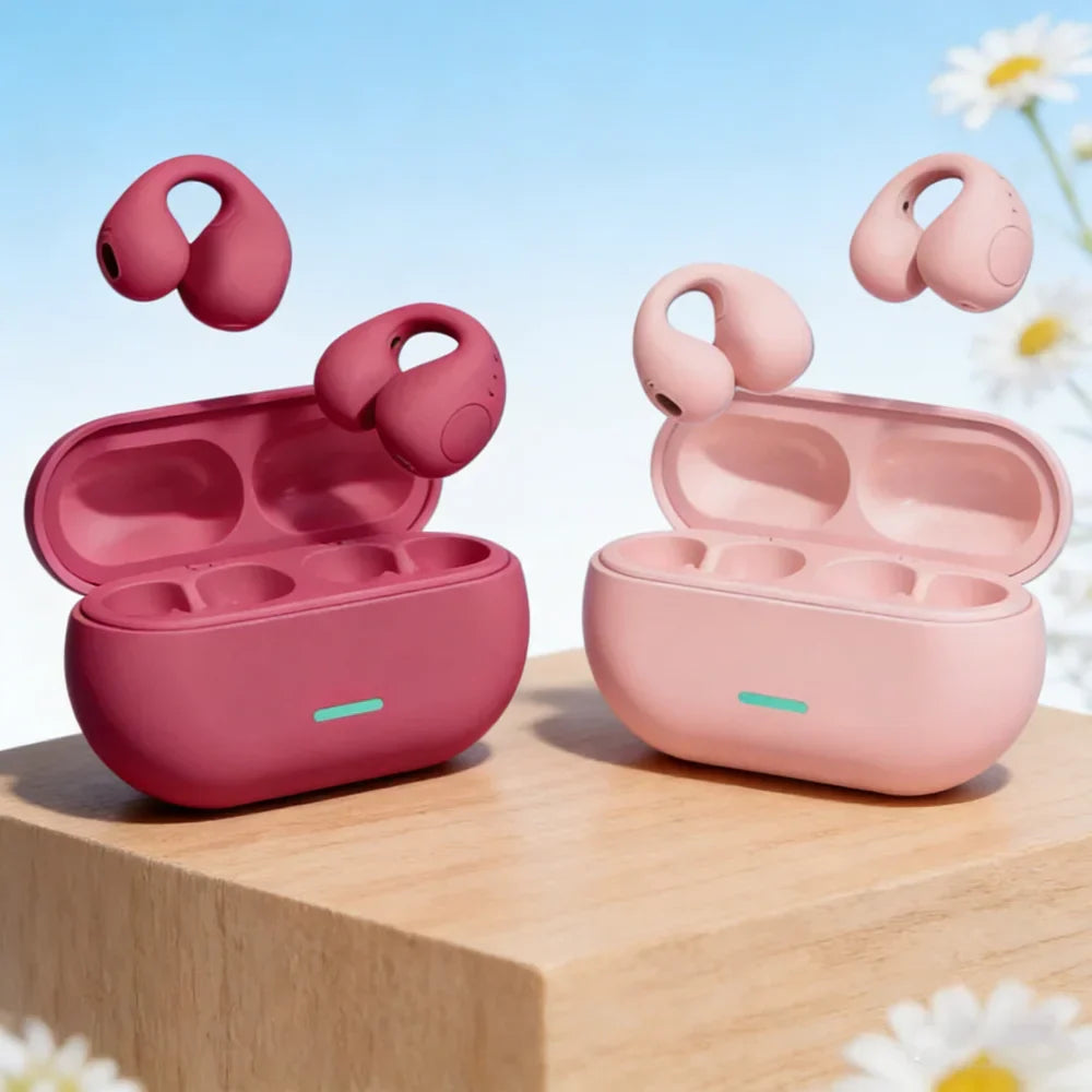 Pink and light pink silicone wireless air conduction headphones clip with matte finish charging cases for sports gaming earphone