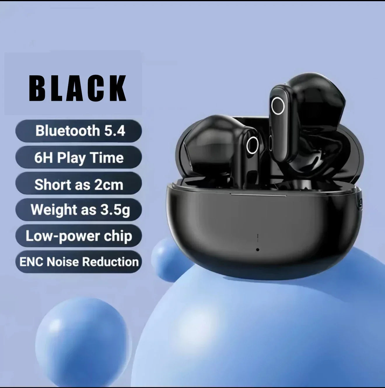 Black TWS bluetooth wireless headset KY5 with glossy finish and circular touch controls in compact case for type beat music charge time