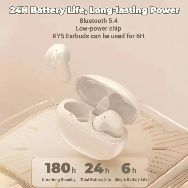 White ky5 tws bluetooth wireless earbuds with bluetooth 5.4 and 24-hour battery life for type beat music and long charge time