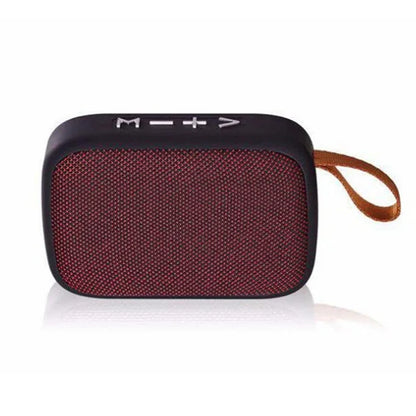 Maroon fabric covered tws speakers portable bluetooth speaker with black frame brown leather strap loudspeaker hd subwoofer