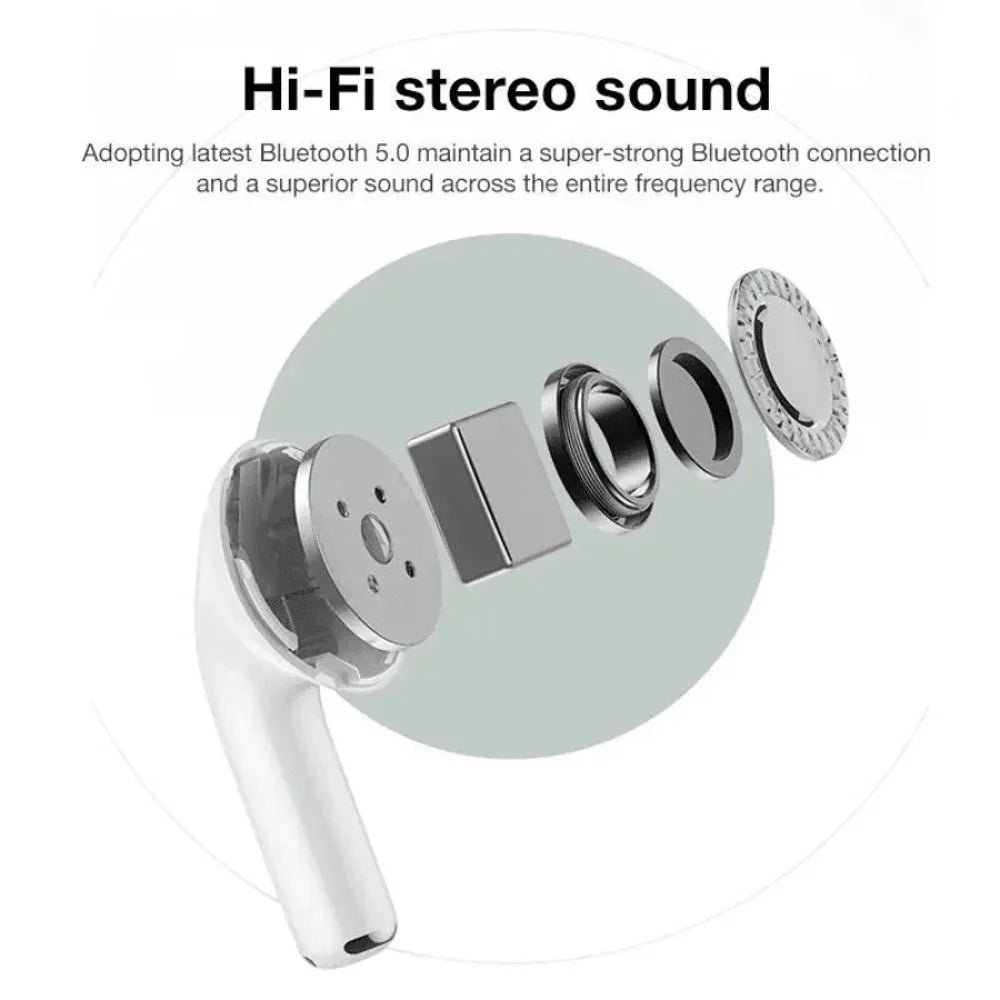 White tws touch control wireless earbud with metallic components designed as bluetooth earphones sport music headset apply